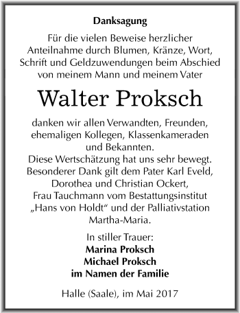 Traueranzeige von Walter Proksch von Mitteldeutsche Zeitung Halle/Saalkreis