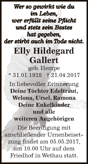 Traueranzeige von Elly Hildegard Gallert von WVG - Wochenspiegel NMB / WSF / ZTZ