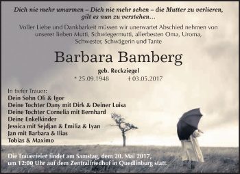 Traueranzeige von Barbara Bamberg von WVG - Wochenspiegel Quedlinburg