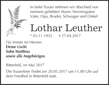 Traueranzeige von Lothar Leuther von WVG - Wochenspiegel Bitterfeld