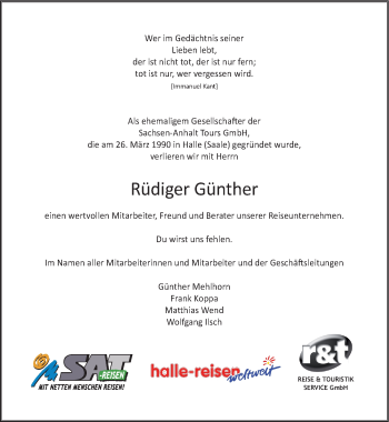 Traueranzeige von Rüdiger Günther von Mitteldeutsche Zeitung Halle/Saalkreis