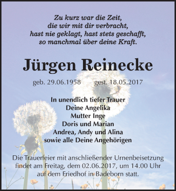 Traueranzeige von Jürgen Reinecke von Mitteldeutsche Zeitung Quedlinburg