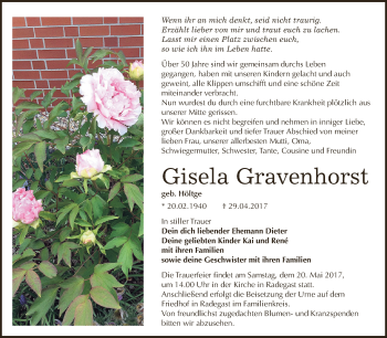 Traueranzeige von Gisela Gravenhorst von WVG - Wochenspiegel Dessau / Köthen