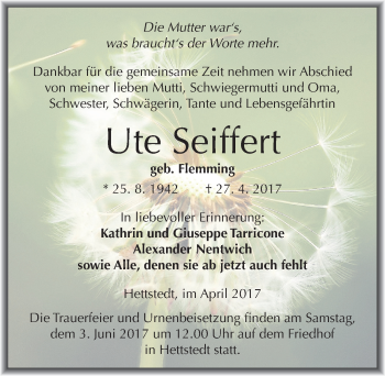 Traueranzeige von Ute Seiffert von Mitteldeutsche Zeitung Mansfelder Land