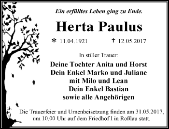 Traueranzeige von Herta Paulus von Mitteldeutsche Zeitung Dessau-Roßlau