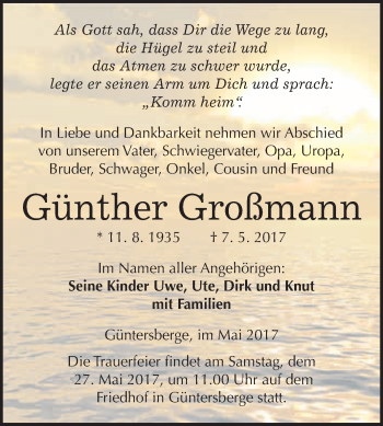 Traueranzeige von Günther Großmann von WVG - Wochenspiegel Quedlinburg