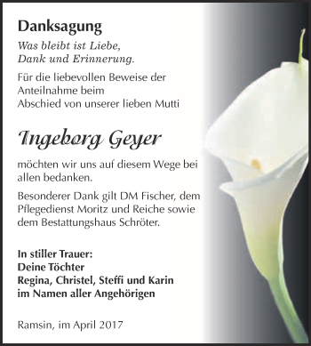 Traueranzeige von Ingeborg Geyer von WVG - Wochenspiegel Bitterfeld