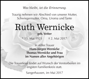 Traueranzeige von Ruth Wernicke von Super Sonntag SGH Mansf. Land