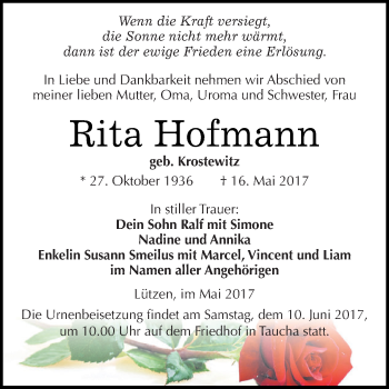 Traueranzeige von Rita Hofmann von WVG - Wochenspiegel NMB / WSF / ZTZ
