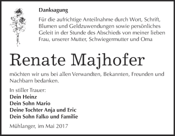 Traueranzeige von Renate Majhofer von WVG - Wochenspiegel Wittenberg