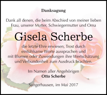 Traueranzeige von Gisela Scherbe von Super Sonntag SGH Mansf. Land