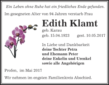 Traueranzeige von Edith Klamt von Super Sonntag Zeitz
