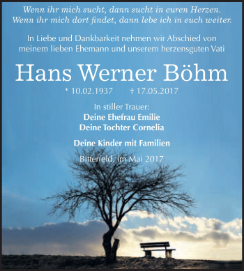 Traueranzeige von Hans Werner Böhm von WVG - Wochenspiegel Bitterfeld