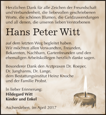 Traueranzeige von Hans Peter Witt von Mitteldeutsche Zeitung Aschersleben