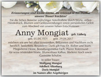 Traueranzeige von Anny Mongiat von Mitteldeutsche Zeitung Merseburg/Querfurt