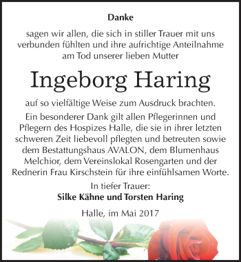 Traueranzeige von Ingeborg Haring von Mitteldeutsche Zeitung Halle/Saalkreis