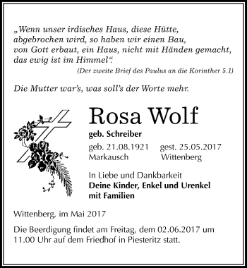 Traueranzeige von Rosa Wolf von Mitteldeutsche Zeitung Wittenberg