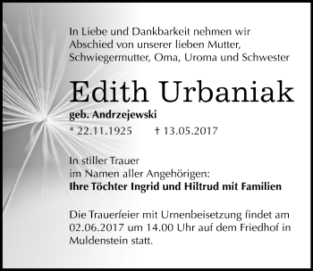 Traueranzeige von Edith Urbaniak von Mitteldeutsche Zeitung Bitterfeld