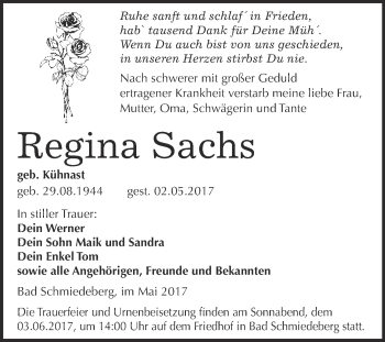 Traueranzeige von Regina Sachs von WVG - Wochenspiegel Wittenberg