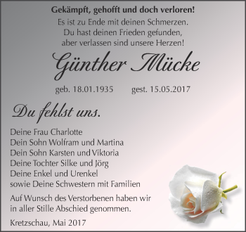Traueranzeige von Günther Mücke von Super Sonntag Zeitz