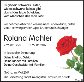 Traueranzeige von Roland Mahler von Mitteldeutsche Zeitung Zeitz