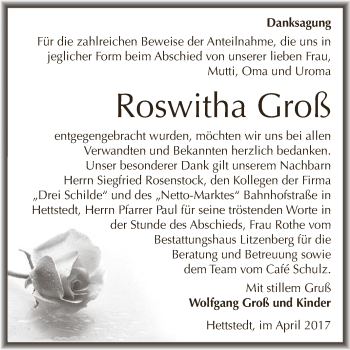 Traueranzeige von Roswitha Groß von Wochenspiegel Mansfelder Land