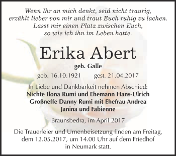 Traueranzeige von Erika Abert von WVG - Wochenspiegel Merseburg