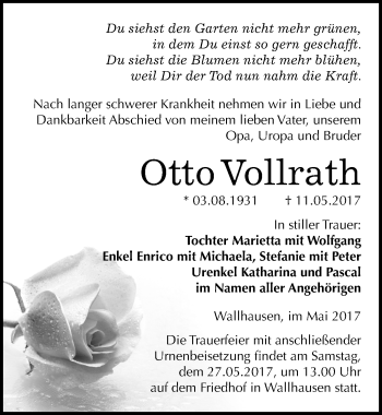 Traueranzeige von Otto Vollrath von Mitteldeutsche Zeitung Sangerhausen