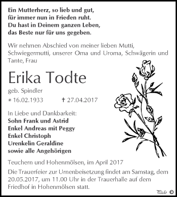 Traueranzeige von Erika Todte von WVG - Wochenspiegel NMB / WSF / ZTZ