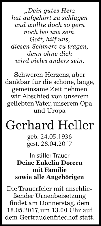 Traueranzeige von Gerhard Heller von Mitteldeutsche Zeitung Halle/Saalkreis