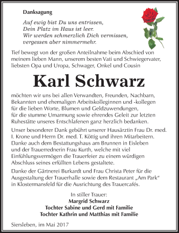 Traueranzeige von Karl Schwarz von Mitteldeutsche Zeitung Mansfelder Land