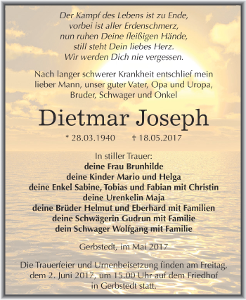 Traueranzeige von Dietmar Joseph von Wochenspiegel Mansfelder Land