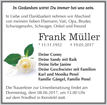 Traueranzeige von Frank Müller von Mitteldeutsche Zeitung Mansfelder Land