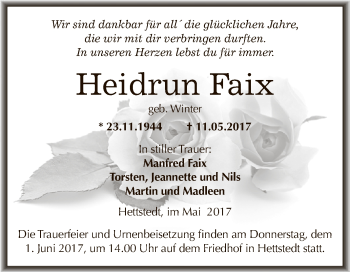 Traueranzeige von Heidrun Faix von Wochenspiegel Mansfelder Land