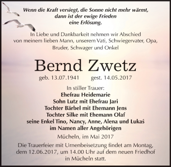 Traueranzeige von Bernd Zwetz von Mitteldeutsche Zeitung Merseburg/Querfurt