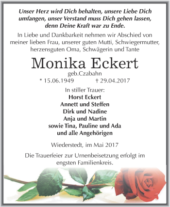 Traueranzeige von Monika Eckert von Wochenspiegel Mansfelder Land