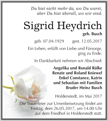 Traueranzeige von Sigrid Heydrich von Super Sonntag SGH Mansf. Land