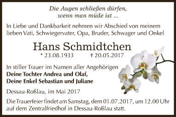 Traueranzeige von Hans Schmidtchen von WVG - Wochenspiegel Dessau / Köthen