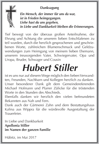 Traueranzeige von Hubert Stiller von Wochenspiegel Mansfelder Land