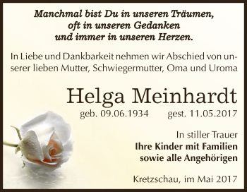 Traueranzeige von Helga Meinhardt von Super Sonntag Zeitz