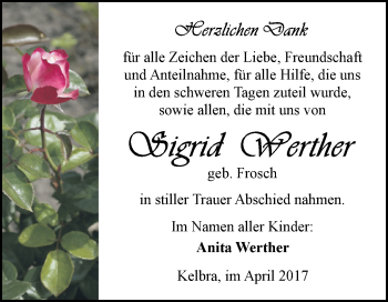 Traueranzeige von Sigrid Werther von Super Sonntag SGH Mansf. Land