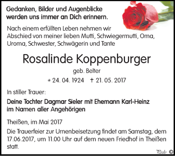 Traueranzeige von Rosalinde Koppenburger von Super Sonntag Zeitz