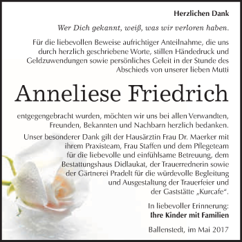 Traueranzeige von Anneliese Friedrich von WVG - Wochenspiegel Quedlinburg
