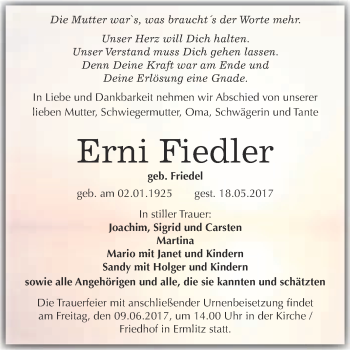 Traueranzeige von Erni Fiedler von WVG - Wochenspiegel Merseburg