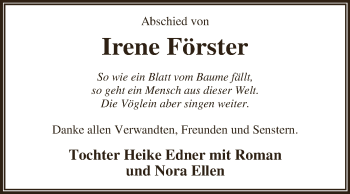 Traueranzeige von Irene Förster von WVG - Wochenspiegel Dessau / Köthen