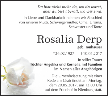 Traueranzeige von Rosalia Derp von Super Sonntag Bernburg