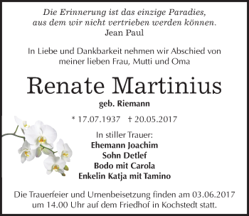 Traueranzeige von Renate Martinius von Mitteldeutsche Zeitung Dessau-Roßlau