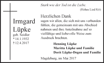 Traueranzeige von Irmgard Lüpke von Super Sonntag Quedlinburg