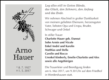 Traueranzeige von Arno Hauer von WVG - Wochenspiegel Dessau / Köthen