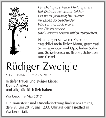 Traueranzeige von Rüdiger Zweigle von Wochenspiegel Mansfelder Land